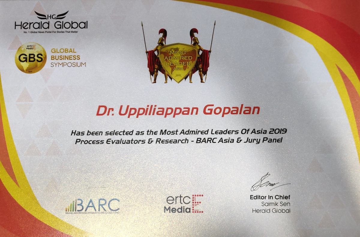 Dr. Uppiliappan Gopalan awarded Most Admired Leader of Asia 2019